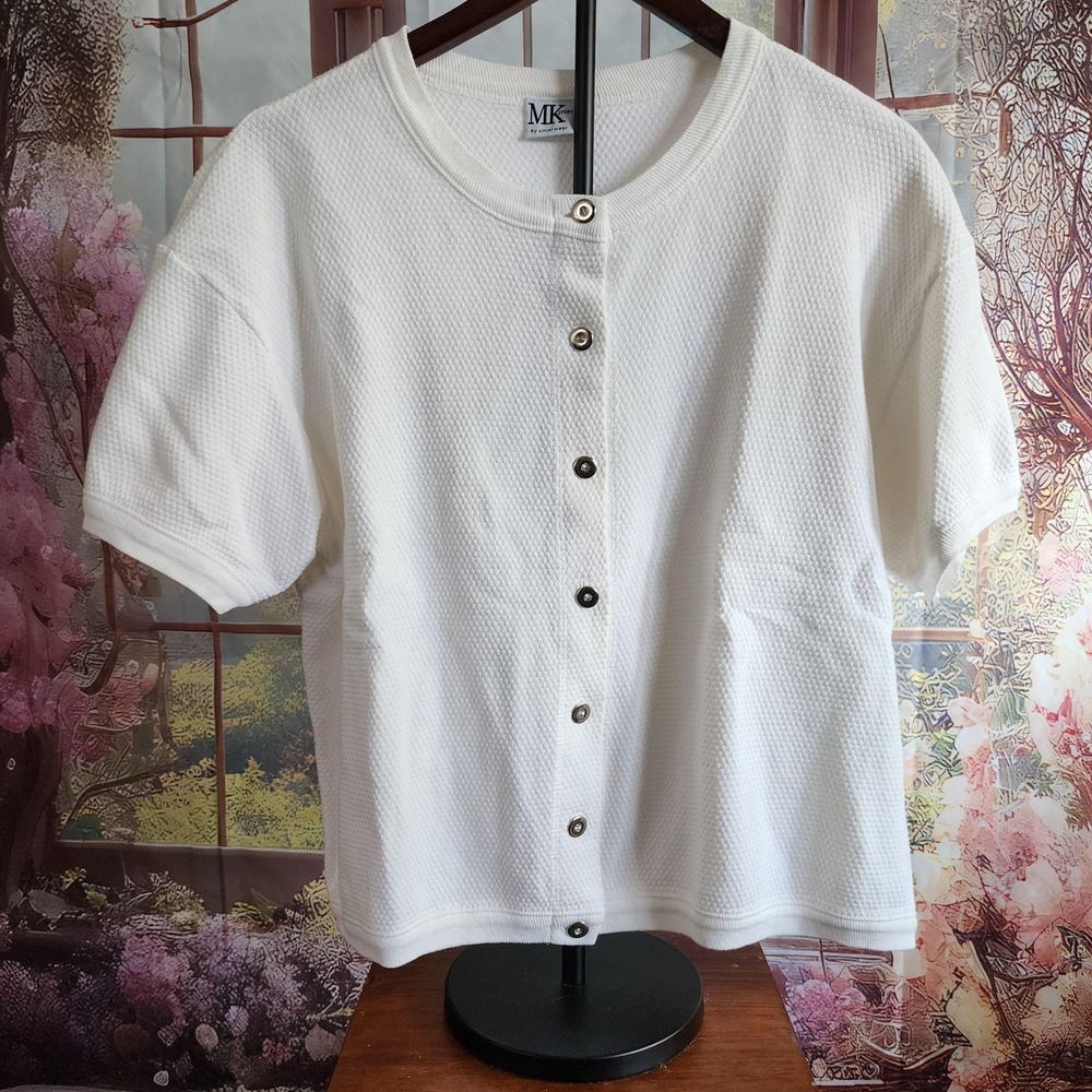 L/XL | Vintage White Waffle Weave Button-Up Top With Short Sleeve